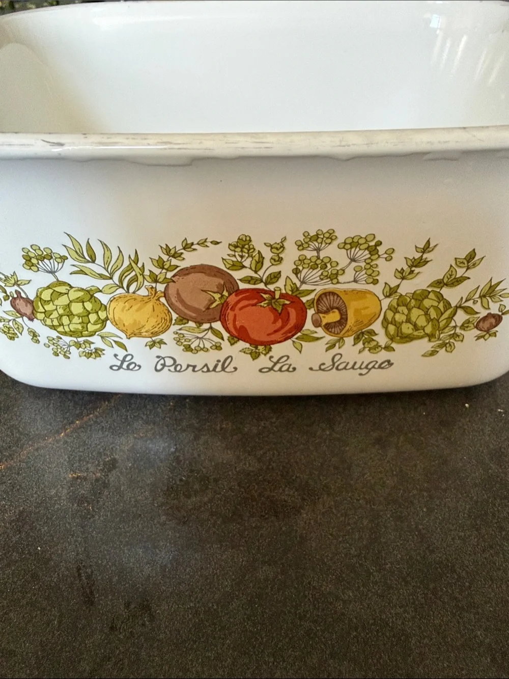 Corningware White Casserole Dish with Green, Red, Brown Vegetable Motif